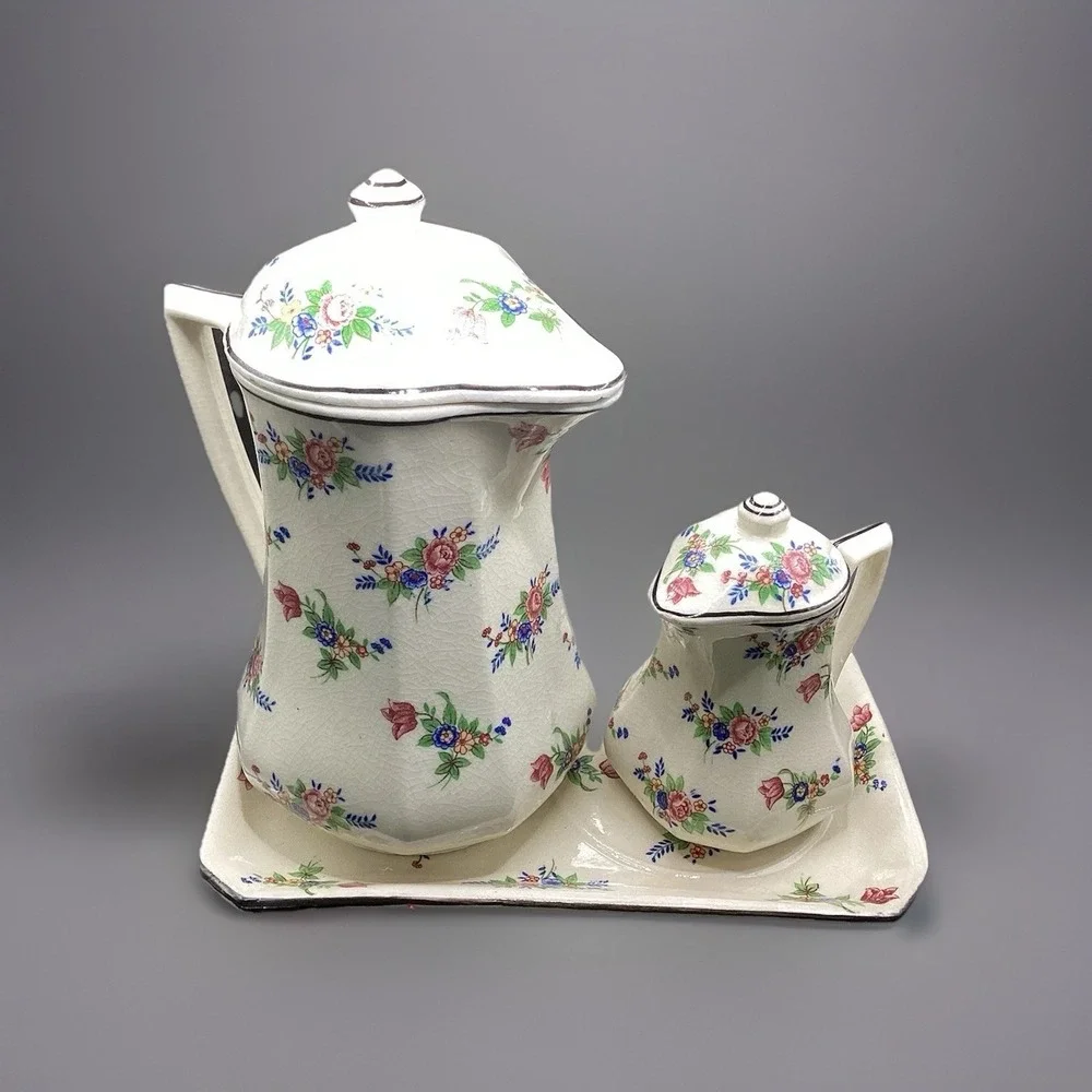 Vtg Ceramic Pitcher Creamer On Tray Made In Japan Floral Flowers Kitchen Set